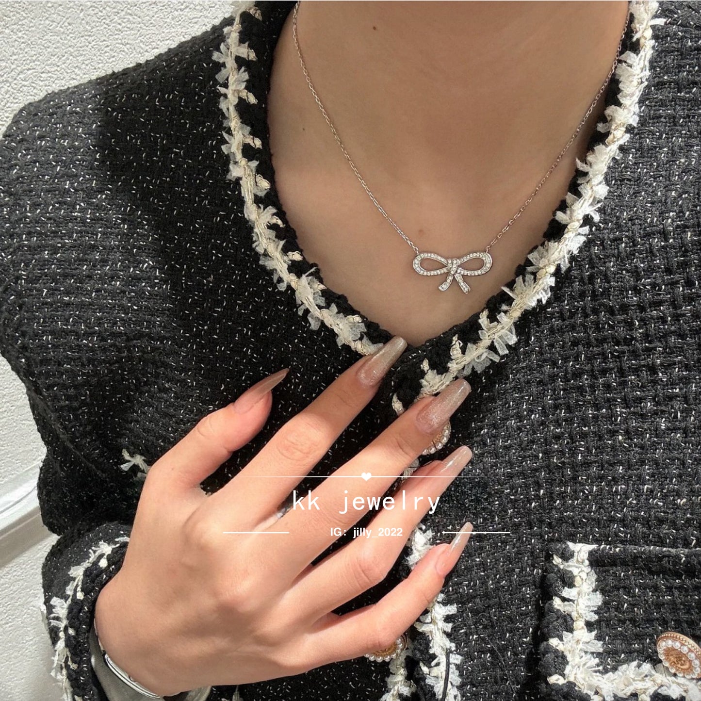 925 Silver Bow Ribbon Full Diamond Necklace