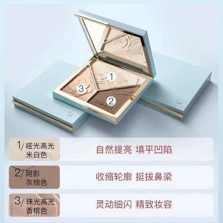 Three-color contouring palette highlight matte pearlescent brighten nose shadow