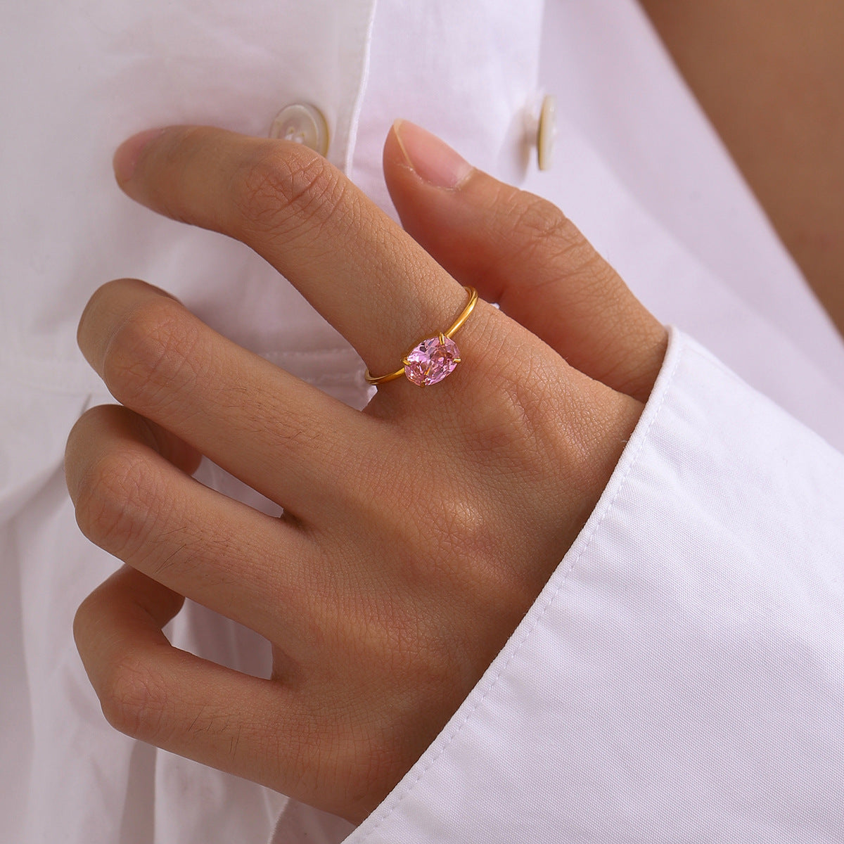 Pink zircon adjustable titanium steel ring