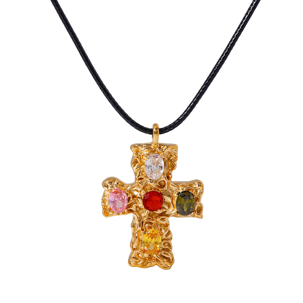 Wax rope Colored stone Hammer cross Stainless steel necklace