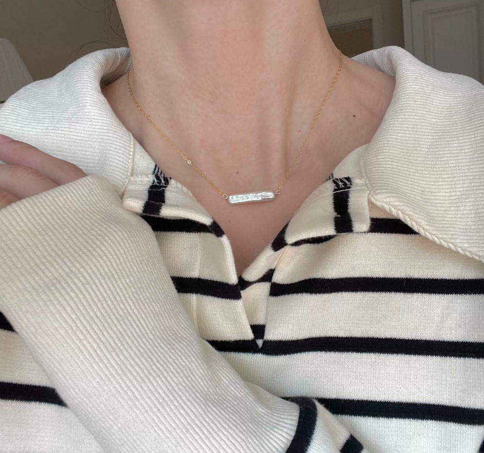 14k gold-filled beckoning small silver bar pearl necklace