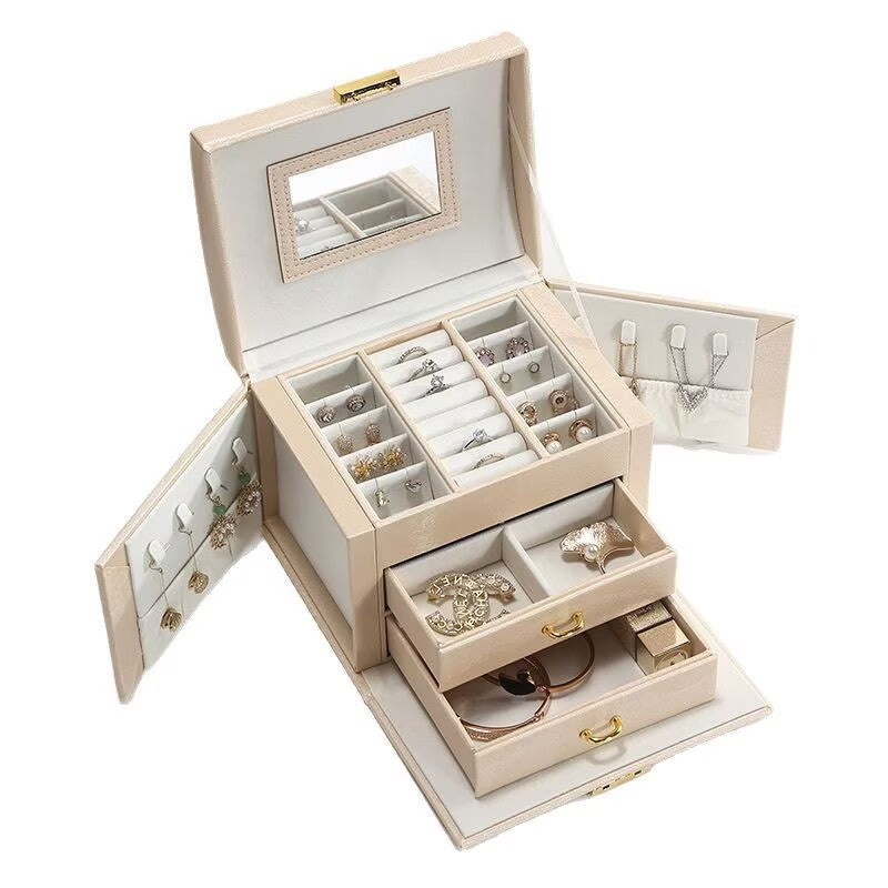 PU leather jewelry storage box, large capacity adjustable drawer jewelry box