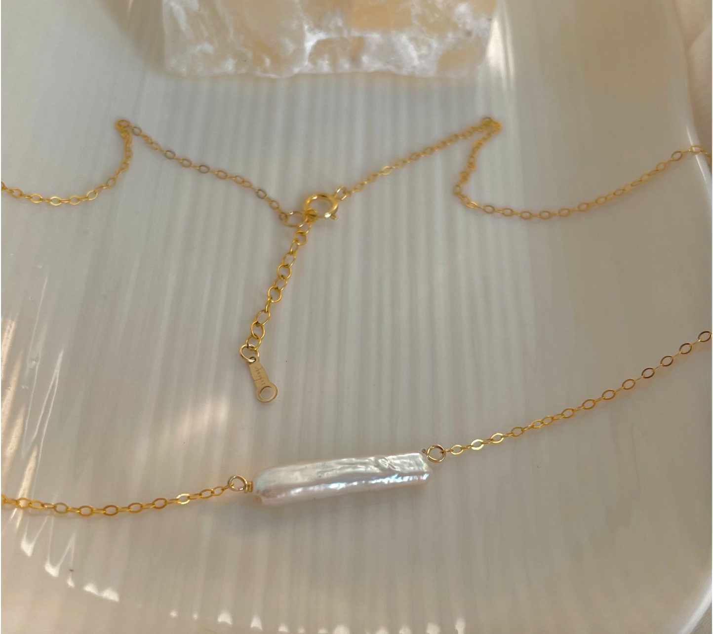 14k gold-filled beckoning small silver bar pearl necklace