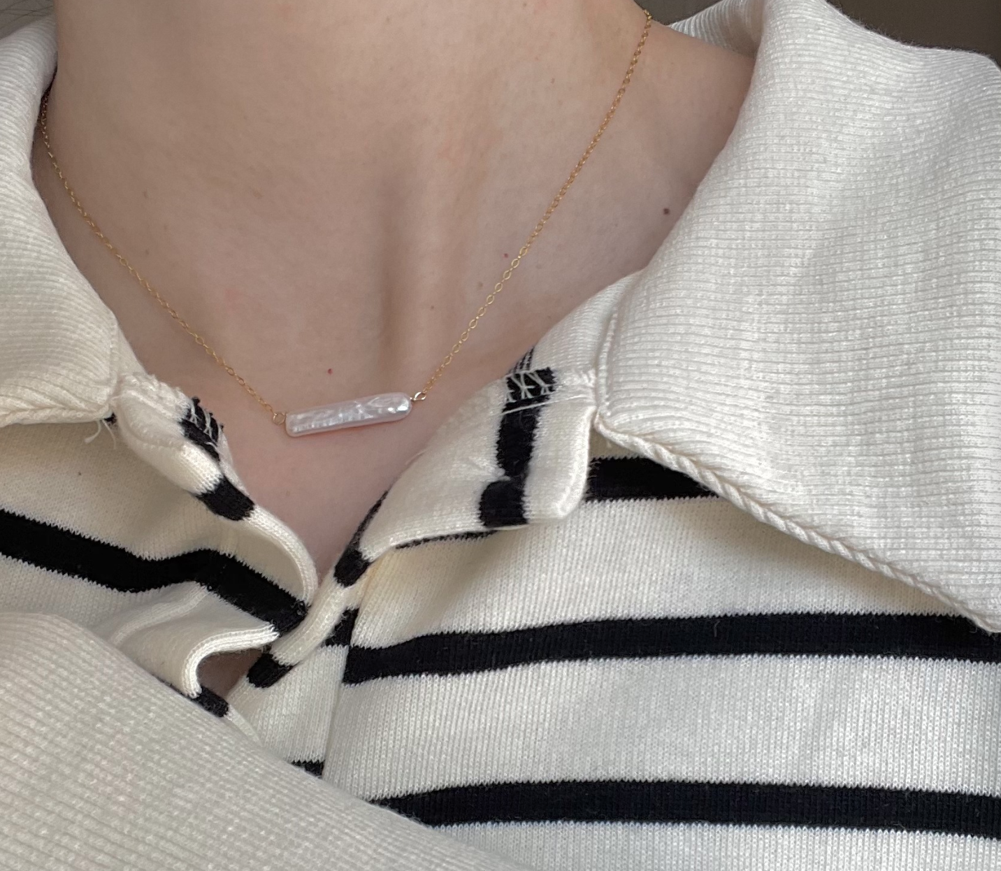 14k gold-filled beckoning small silver bar pearl necklace