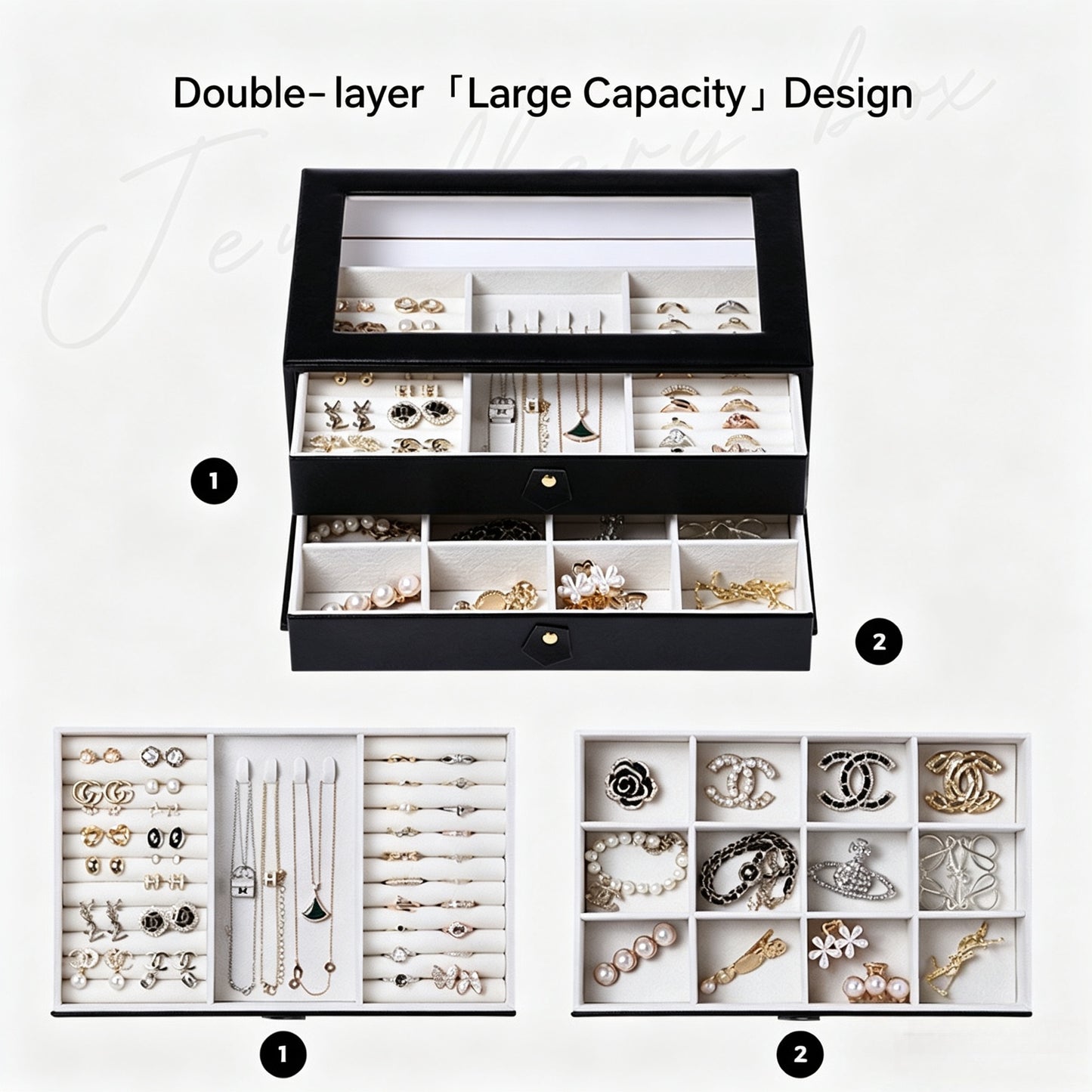Arched window double-layer jewelry box, large capacity for home use, suitable for storing jewelry, necklaces, rings, and bracelets