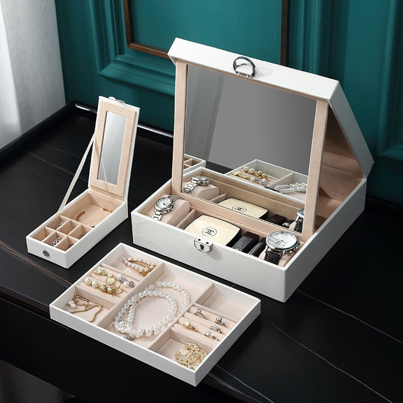 European-style large-capacity jewelry box, PU light luxury minimalist style, mirrored makeup case, includes small jewelry box, jewelry storage box