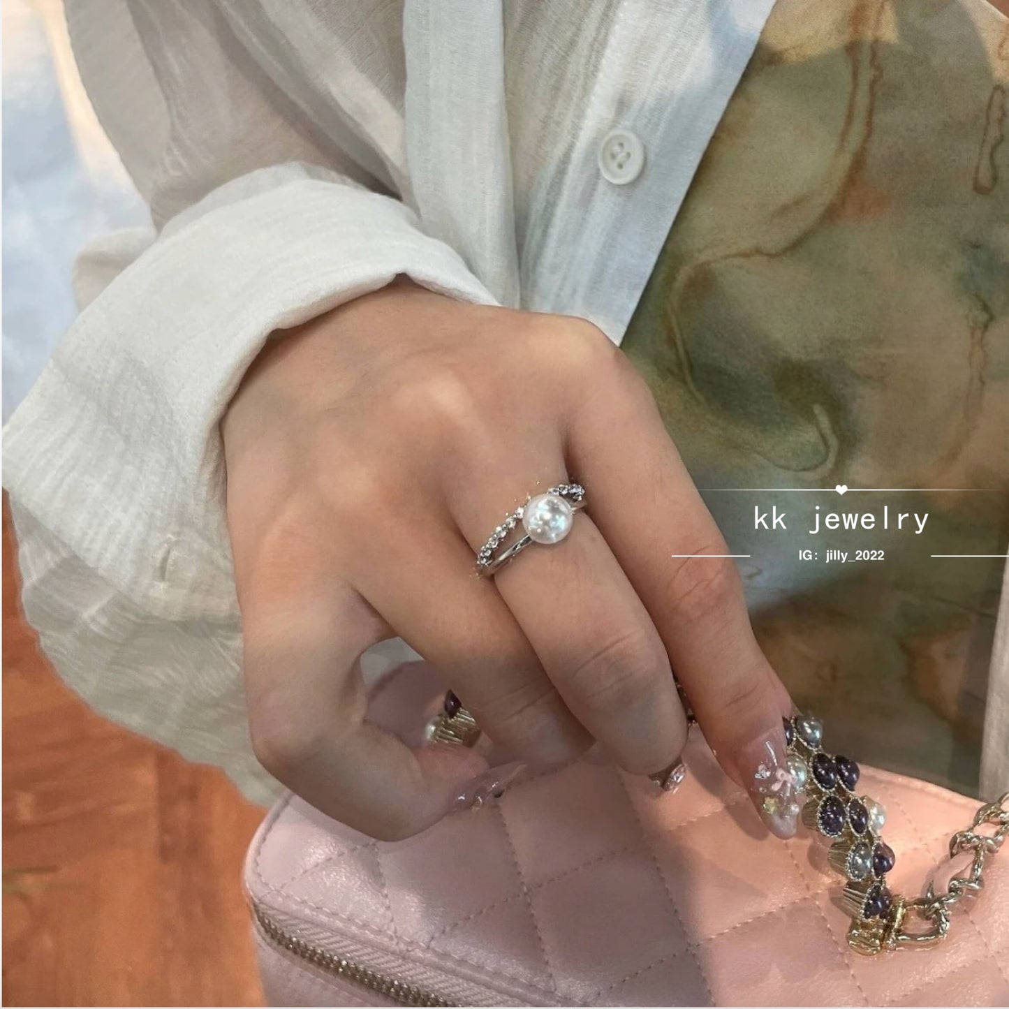 Double Diamond Pearl Open Ring