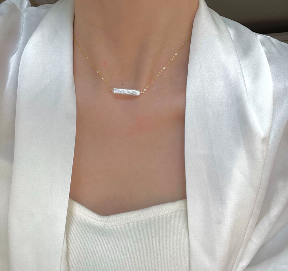 14k gold-filled beckoning small silver bar pearl necklace