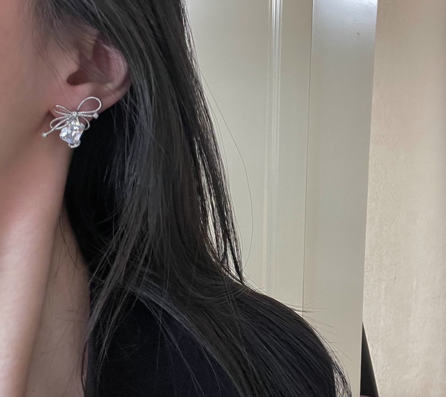 Bow baguette diamond zircon silver pin stud earrings