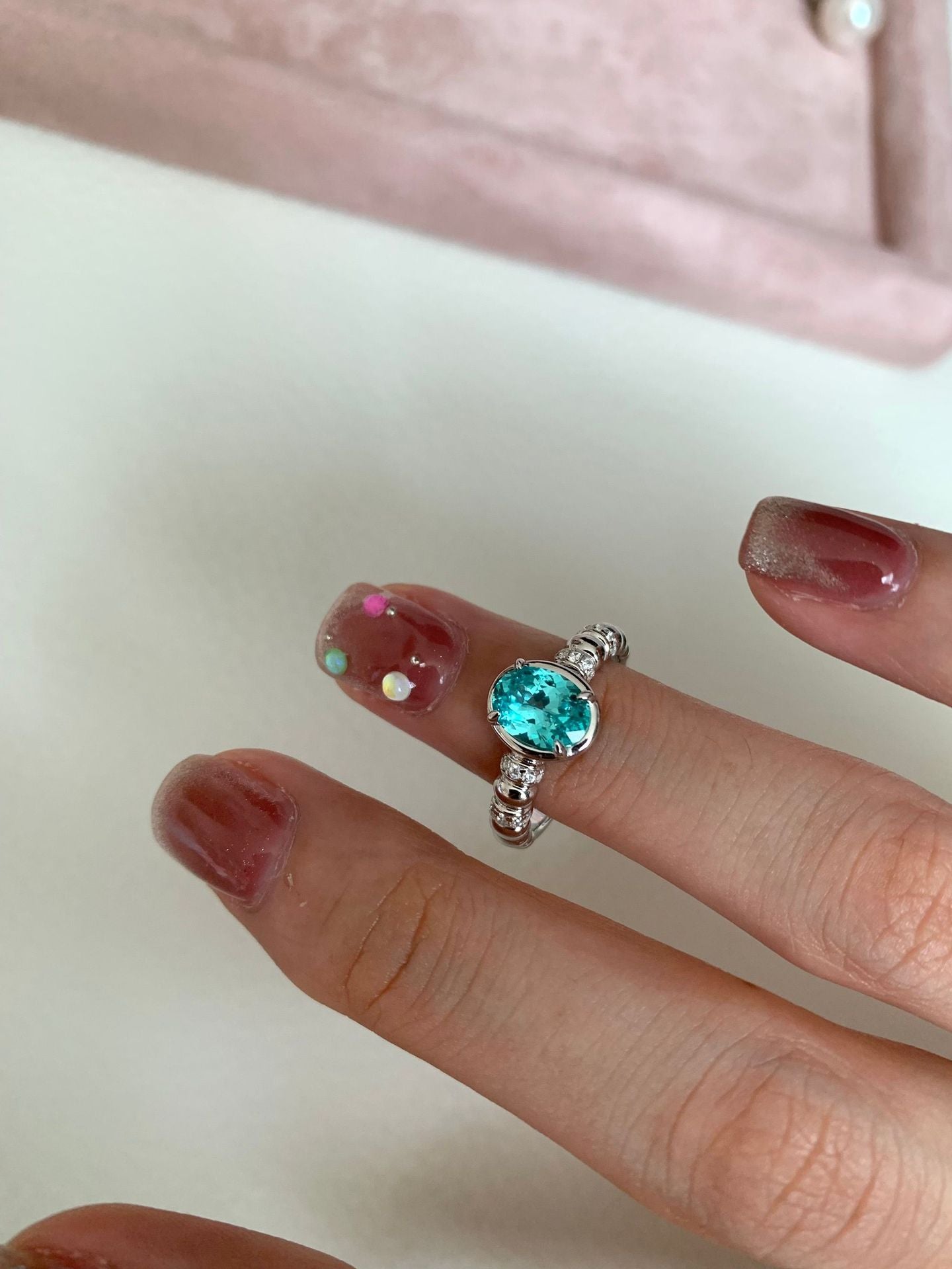 925 silver 6*8 imported ice flower cut shallow sea blue ring