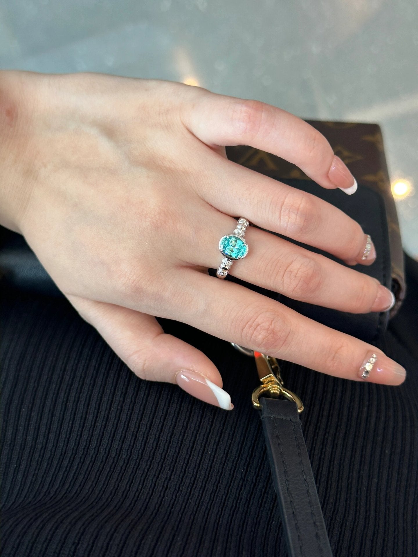925 silver 6*8 imported ice flower cut shallow sea blue ring