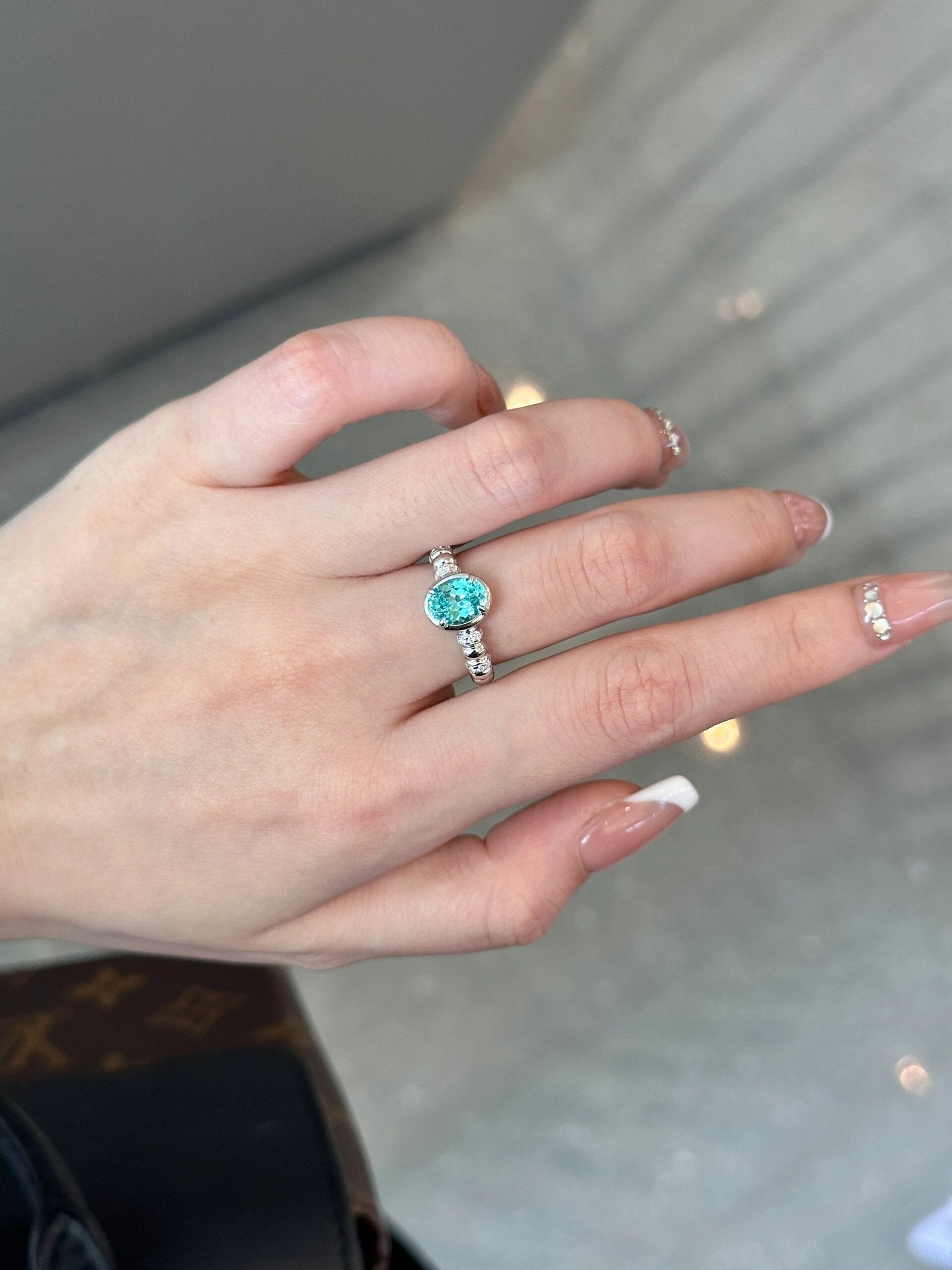 925 silver 6*8 imported ice flower cut shallow sea blue ring