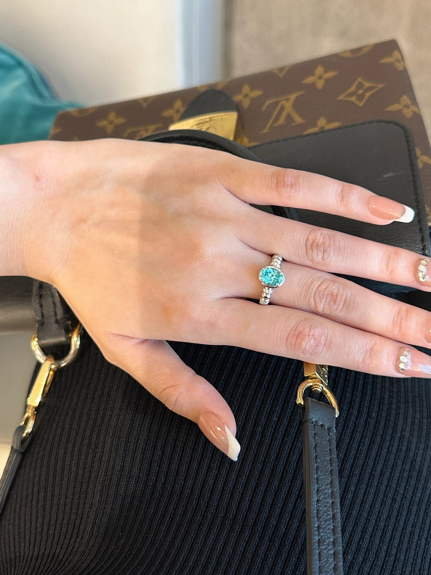 925 silver 6*8 imported ice flower cut shallow sea blue ring