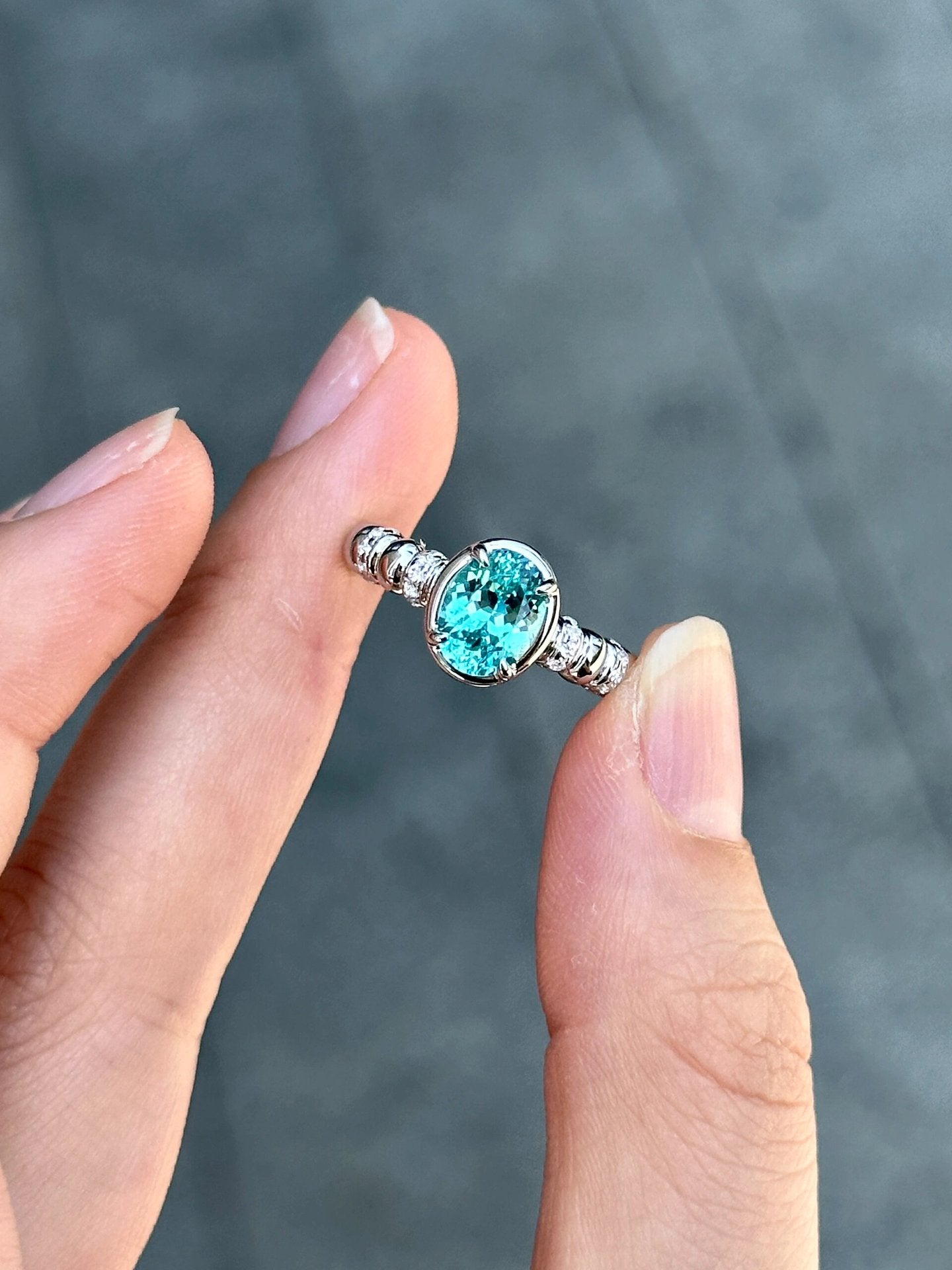 925 silver 6*8 imported ice flower cut shallow sea blue ring