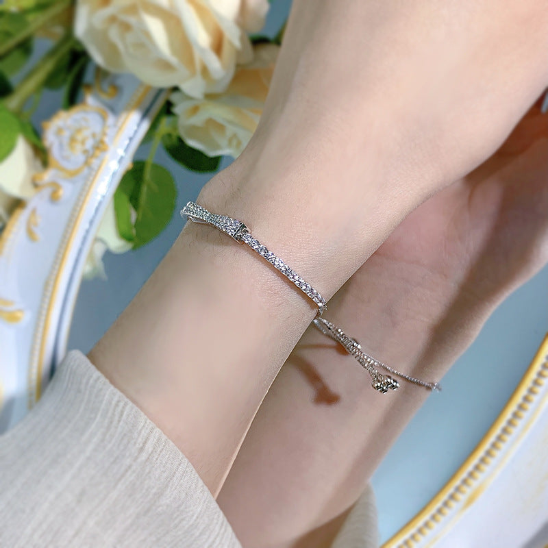 925 silver double row full of diamonds three-dimensional bow bracelet