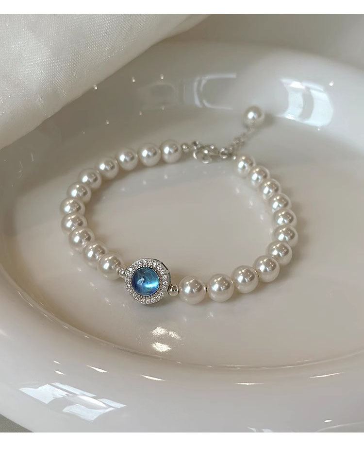 925 Silver Natural Aquamarine Faux Pearl Bracelet