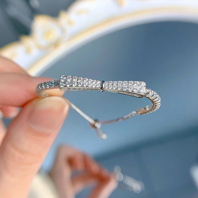 925 silver double row full of diamonds three-dimensional bow bracelet