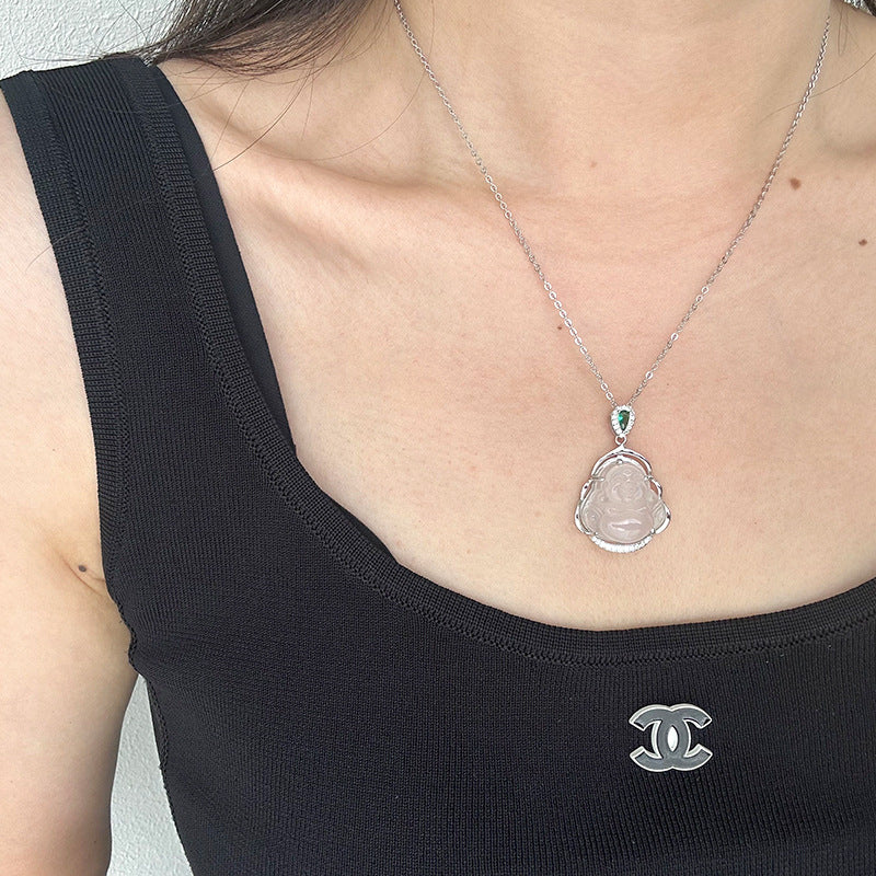 925 silver and white chalcedony Maitreya Buddha necklace