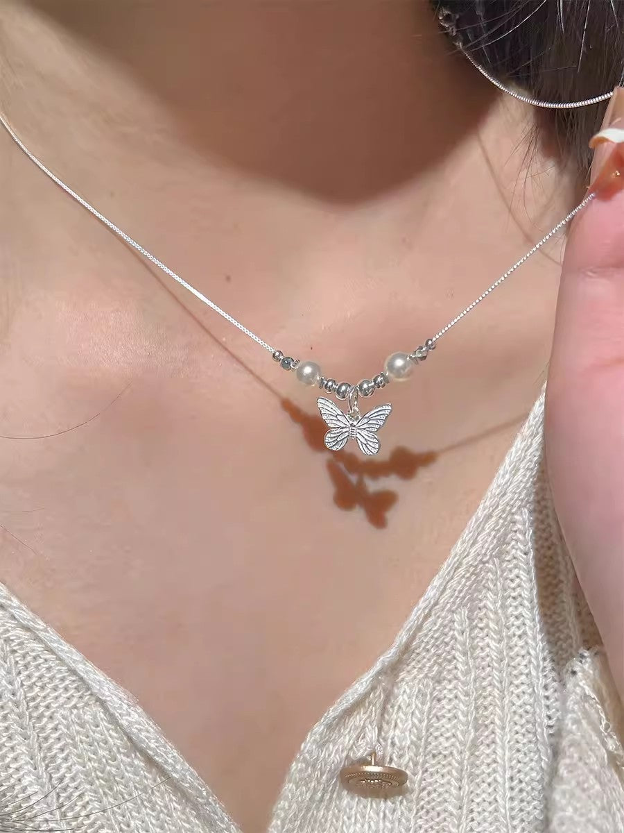 925 Silver Gentle Wind Butterfly Texture Faux Pearl Necklace