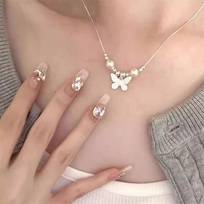 925 Silver Gentle Wind Butterfly Texture Faux Pearl Necklace