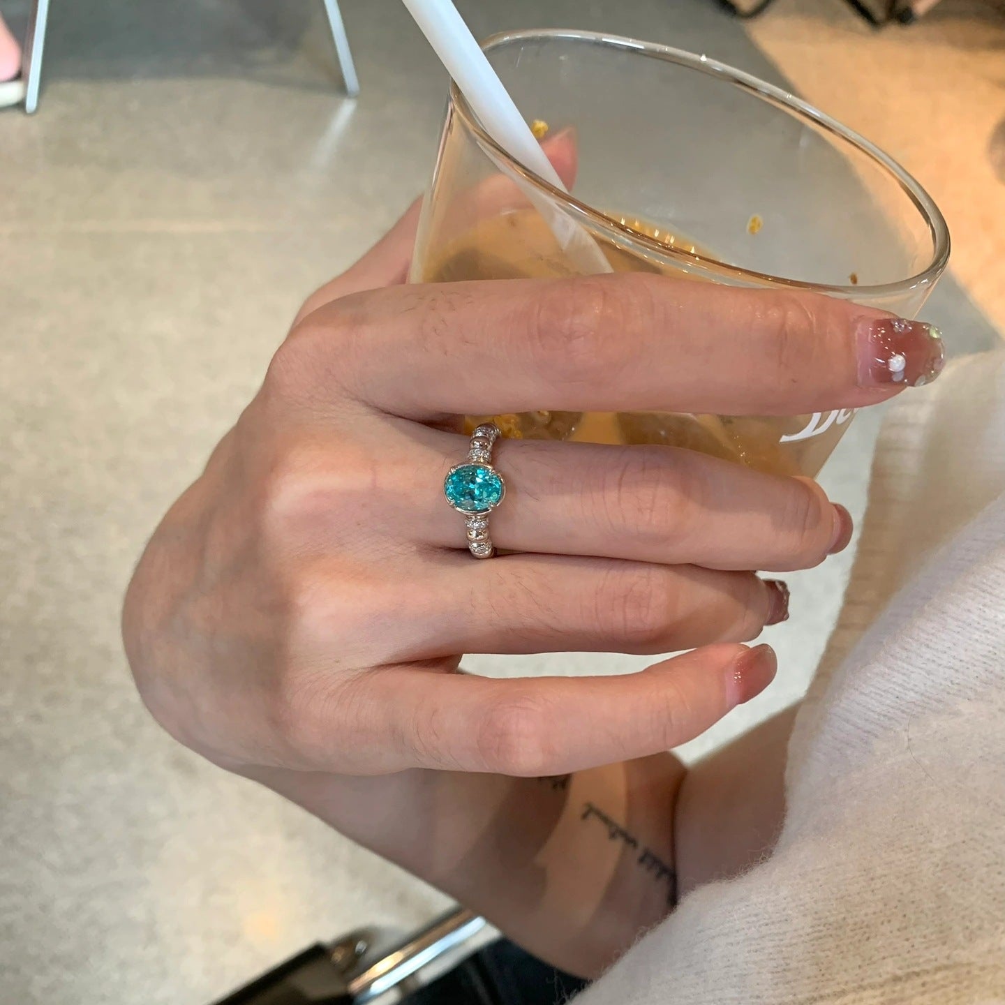 925 silver 6*8 imported ice flower cut shallow sea blue ring