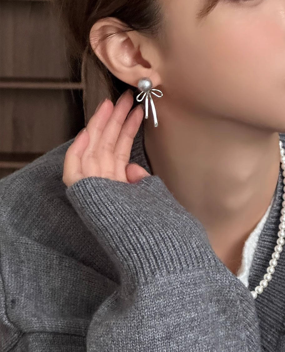 925 silver faux grey pearl bow stud earrings
