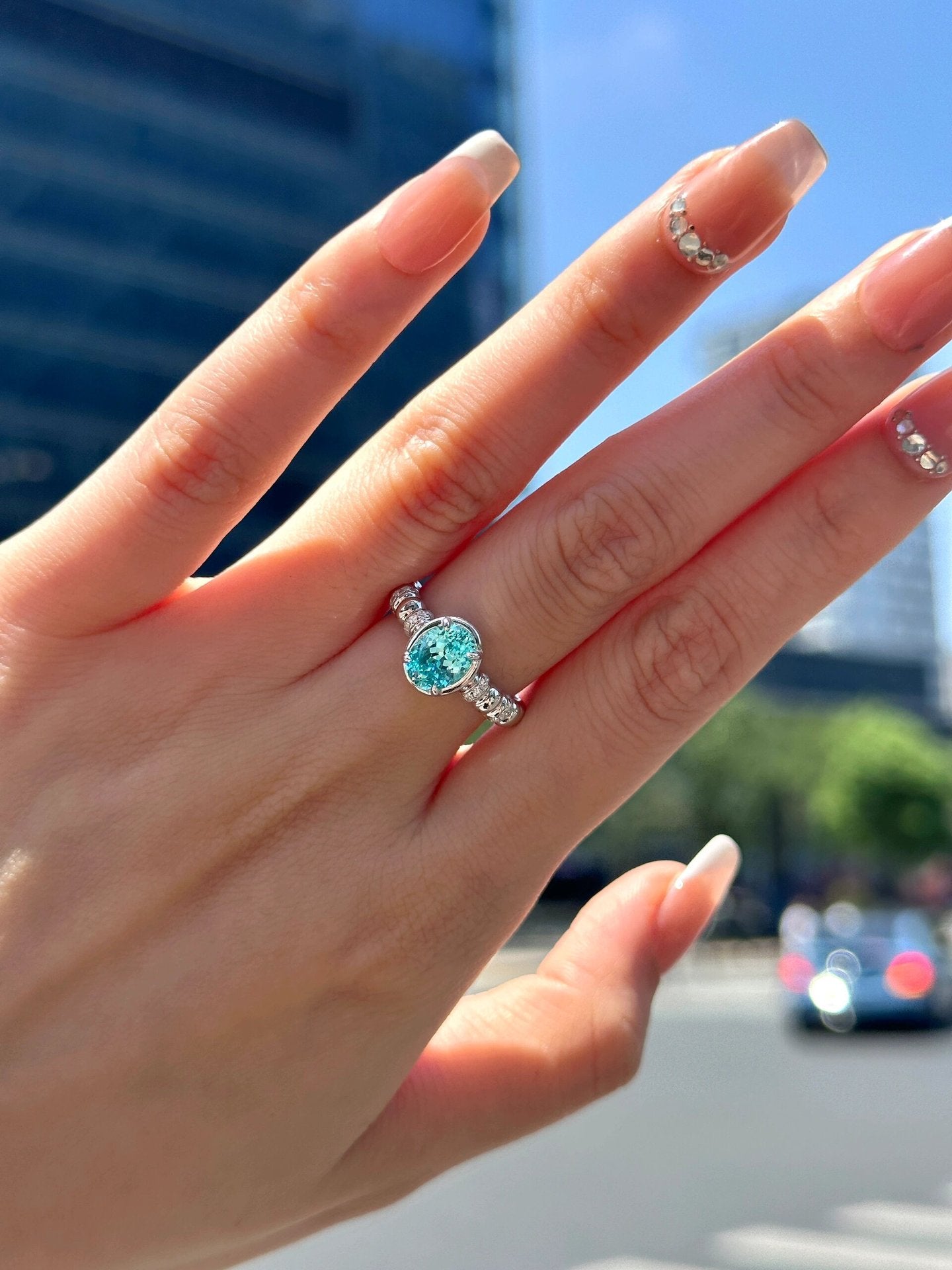 925 silver 6*8 imported ice flower cut shallow sea blue ring