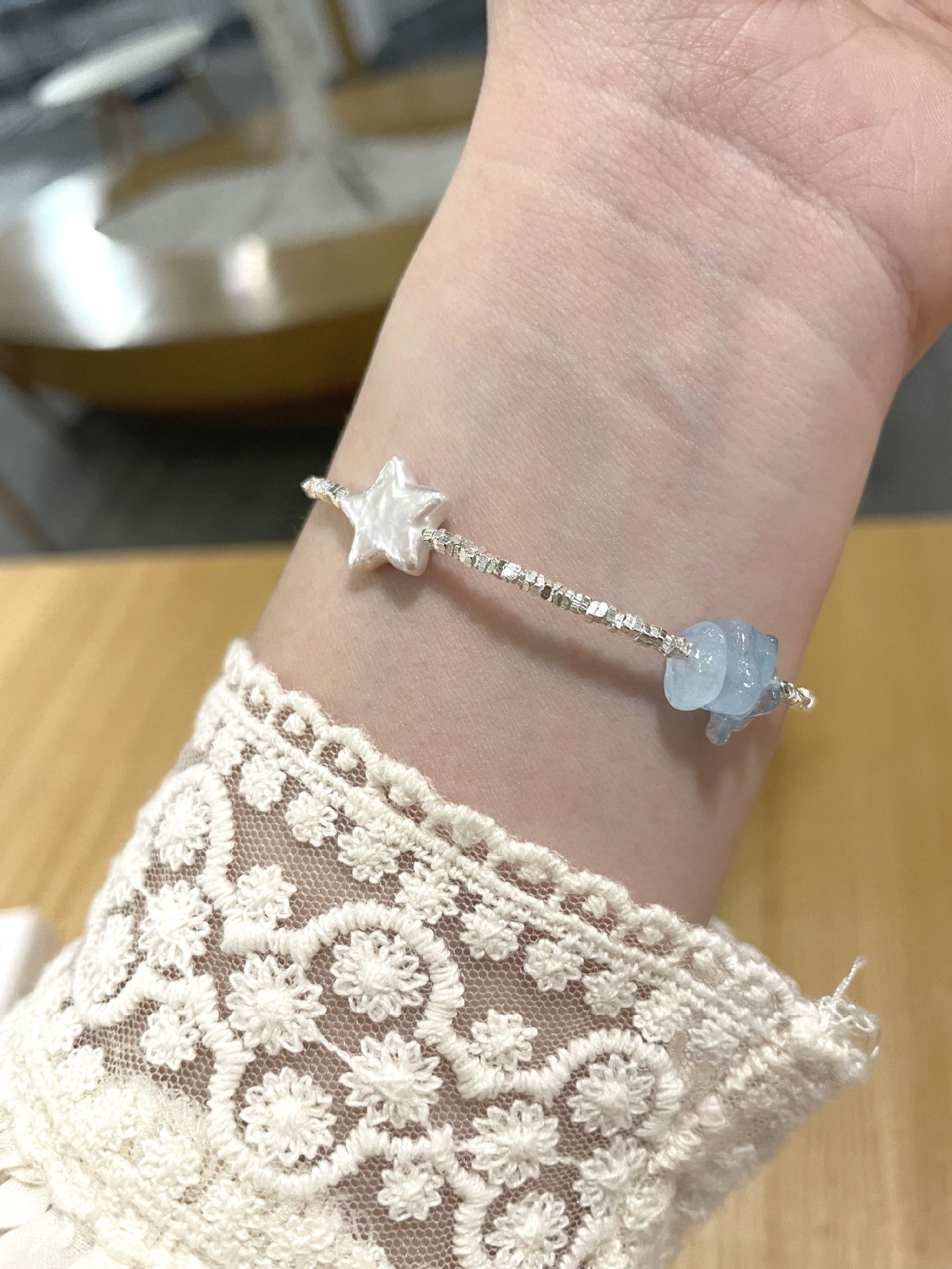 925 Silver Star Baroque Freshwater Pearl Crushed Silver Bracelet