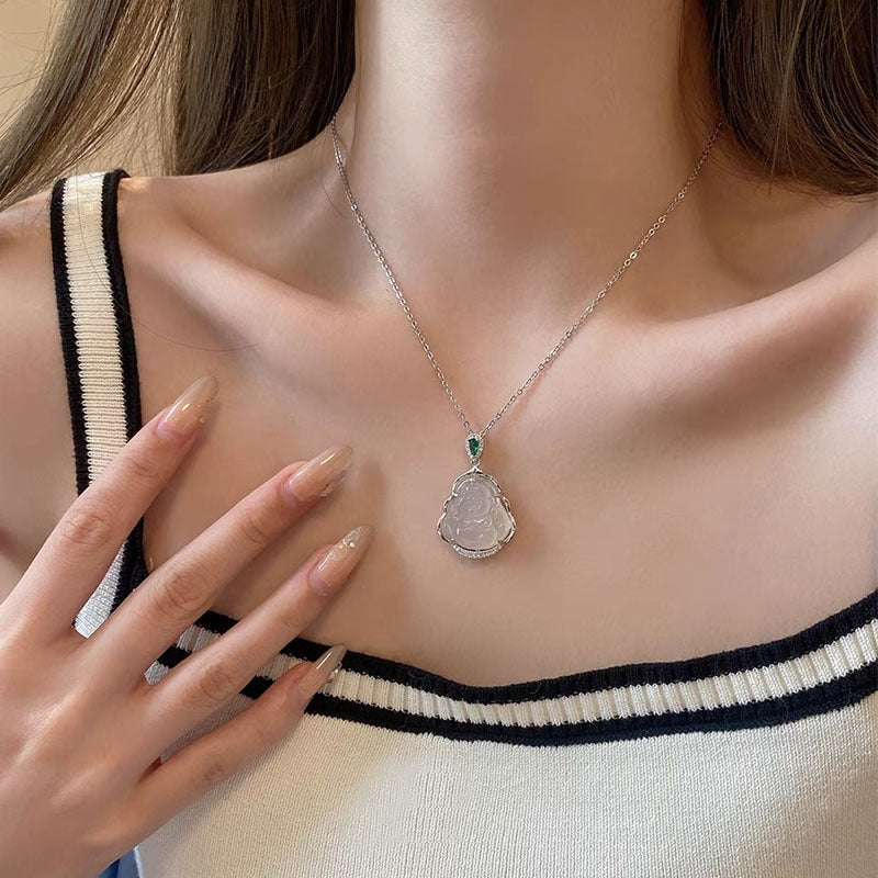 925 silver and white chalcedony Maitreya Buddha necklace