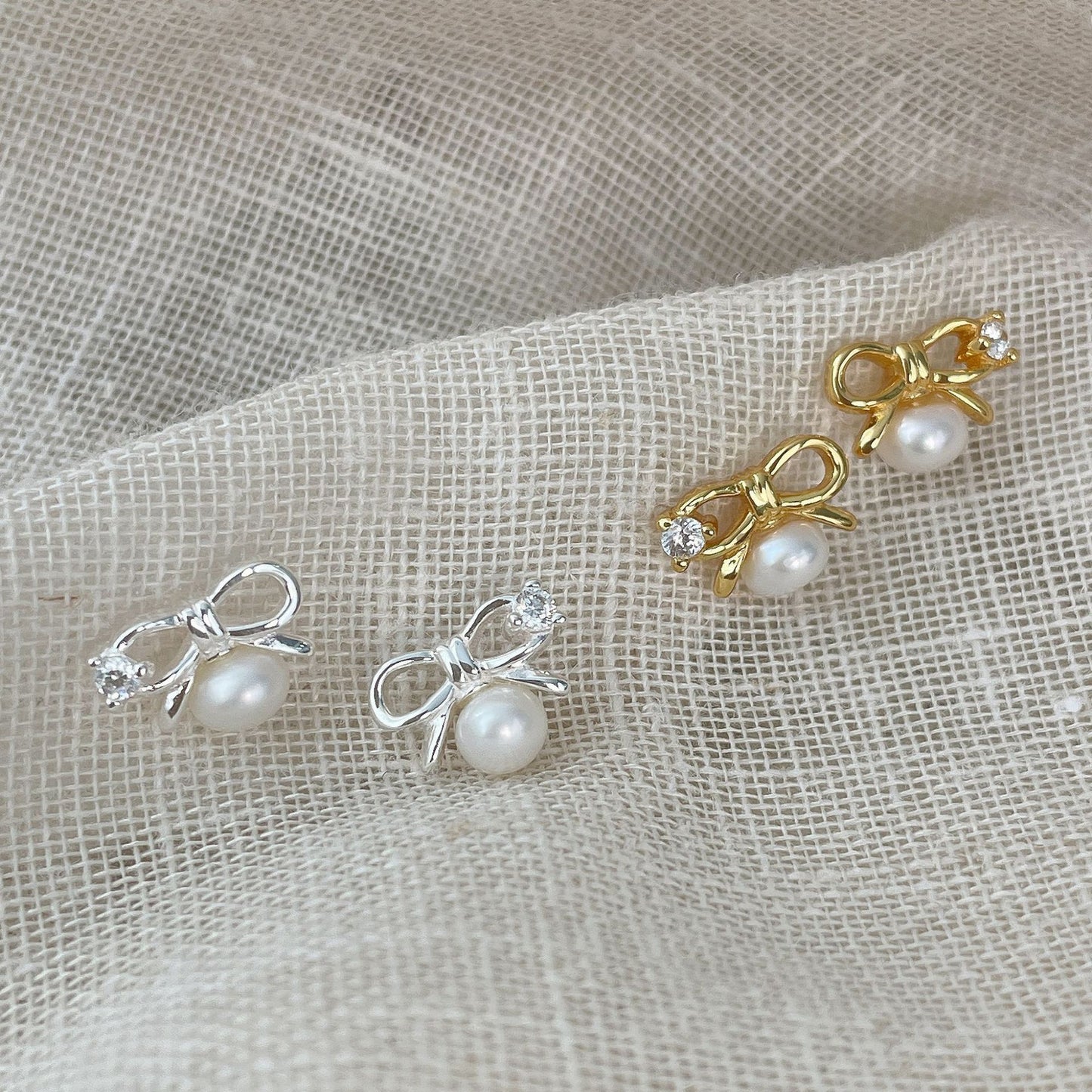 925 silver micro-set zircon pearl bow stud earrings