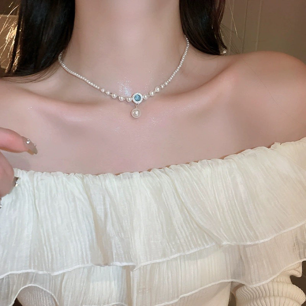 925 silver faux pearl natural aquamarine necklace