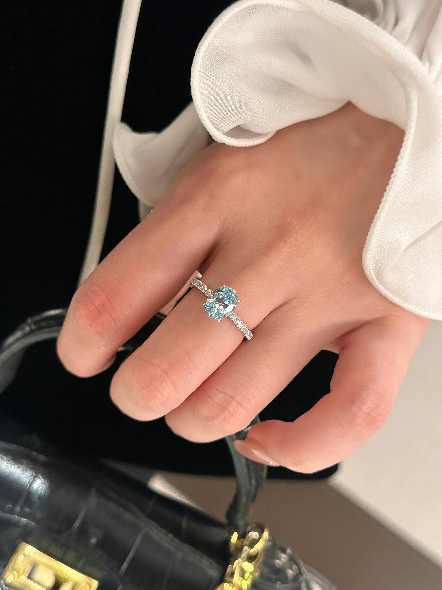 925 Silver High Carbon Diamond Sea Blue Zirconia 6*8 Ring