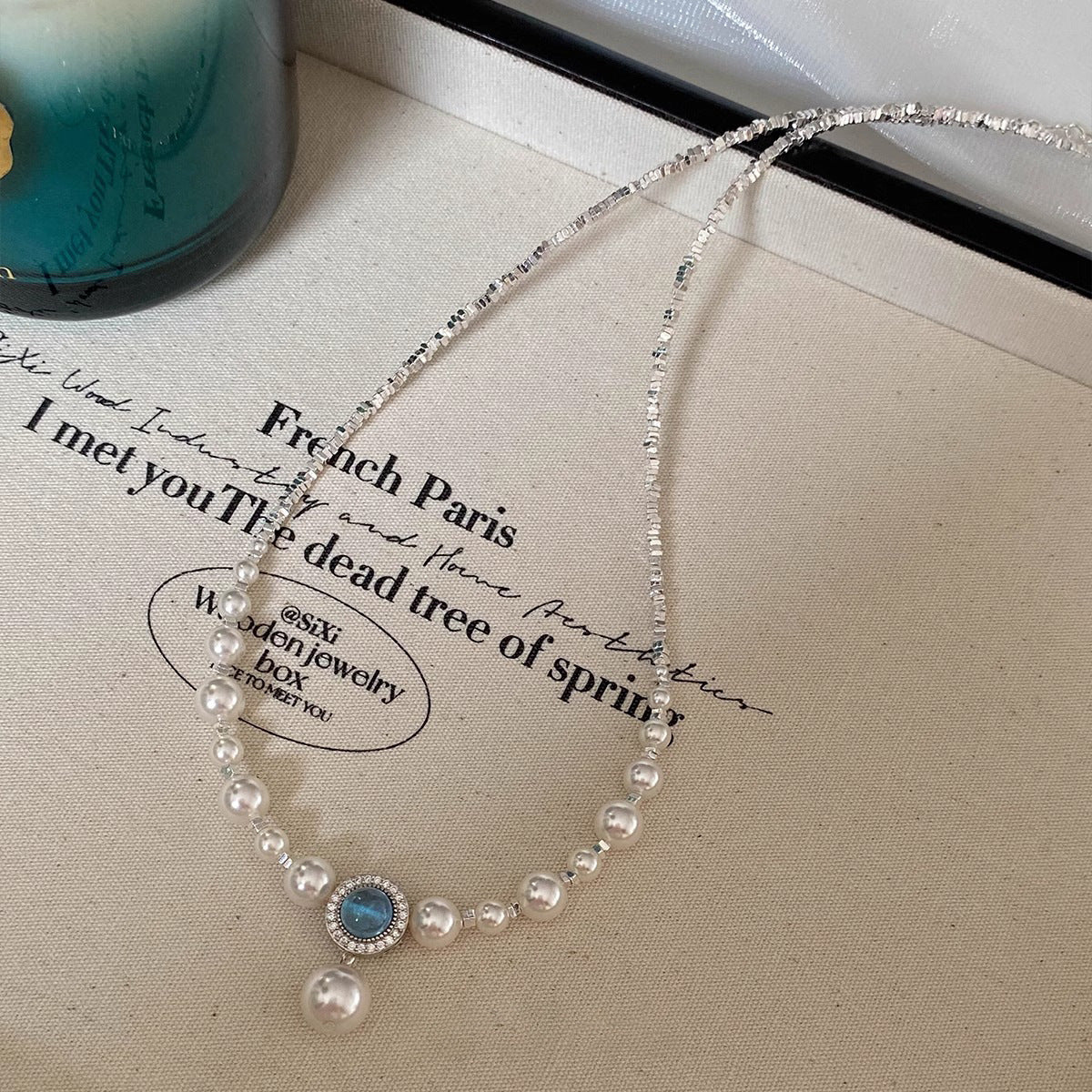 925 silver natural aquamarine crushed silver faux pearl necklace