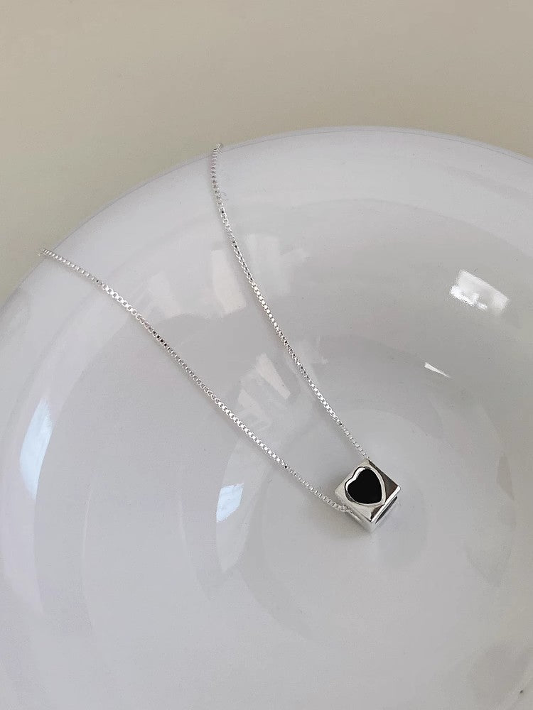 925 Silver Black Heart Silver Square Necklace