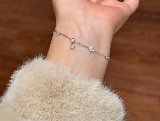 925 Silver Four Leaf Bubble Diamond Bracelet