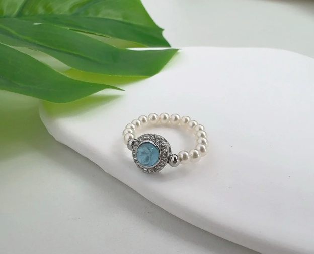 All-over 925 silver aquamarine hand-woven pearl ring