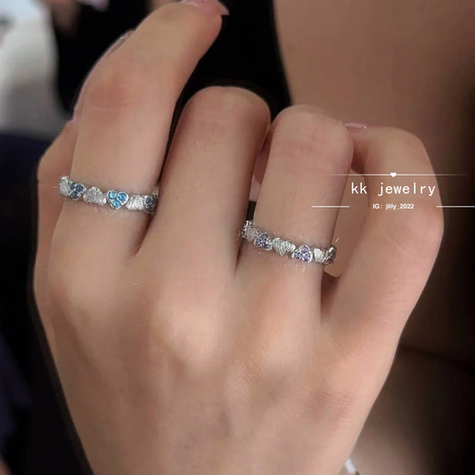 S925 Silver Brushed Full Ring Purple Diamond Blue Diamond Love Ring