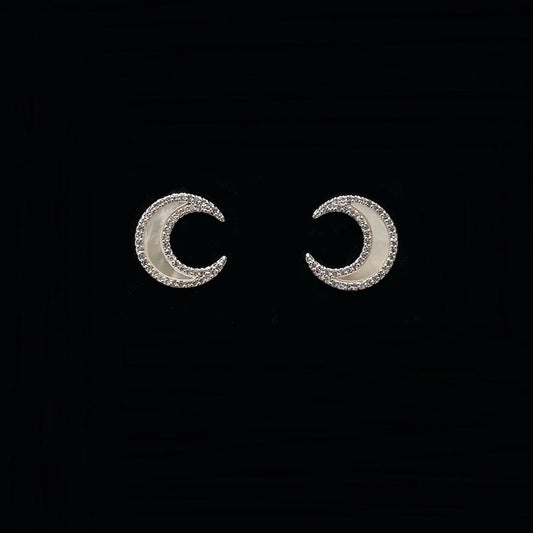 Sterling silver moon set with diamond shell stud earrings