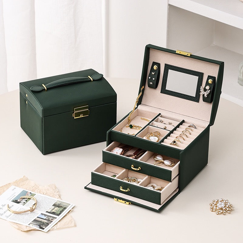 PU leather three-layer portable jewelry box for rings, earrings, necklaces, and other jewelry