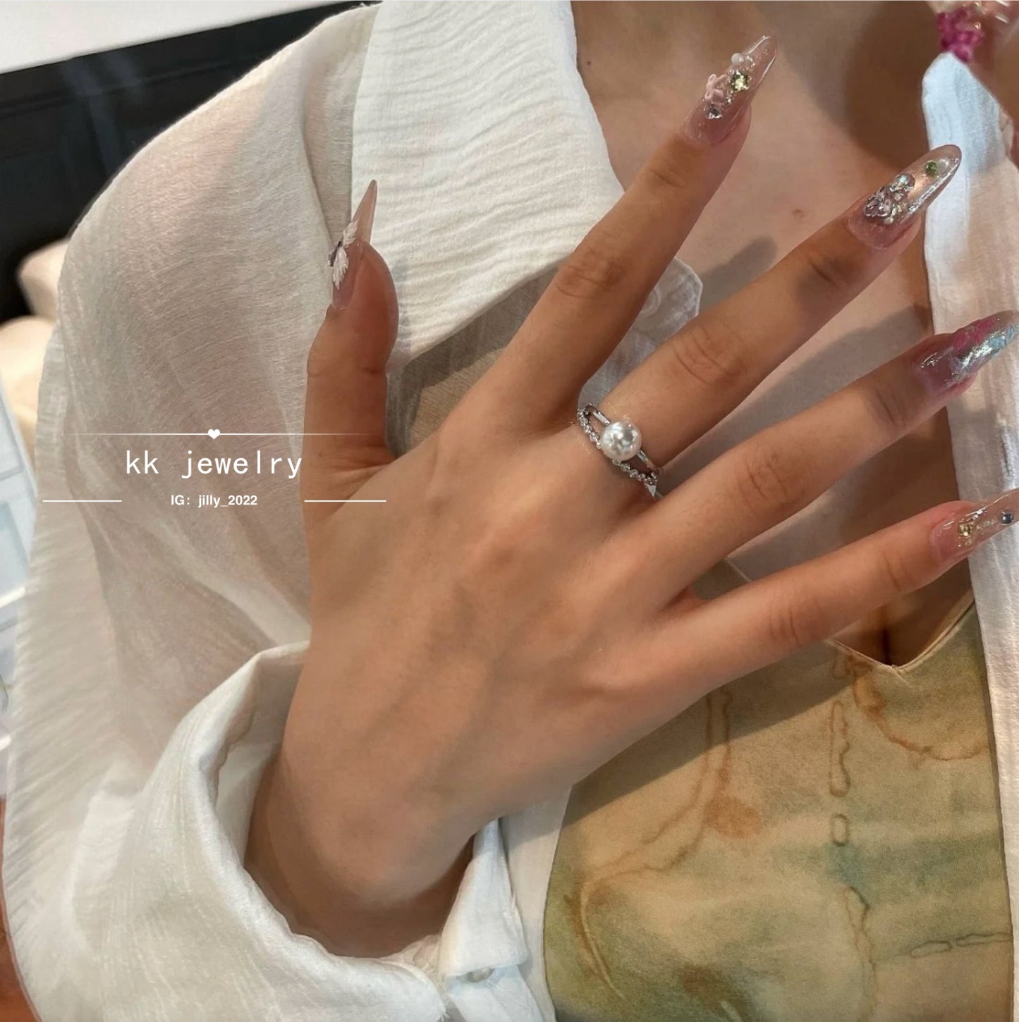 Double Diamond Pearl Open Ring