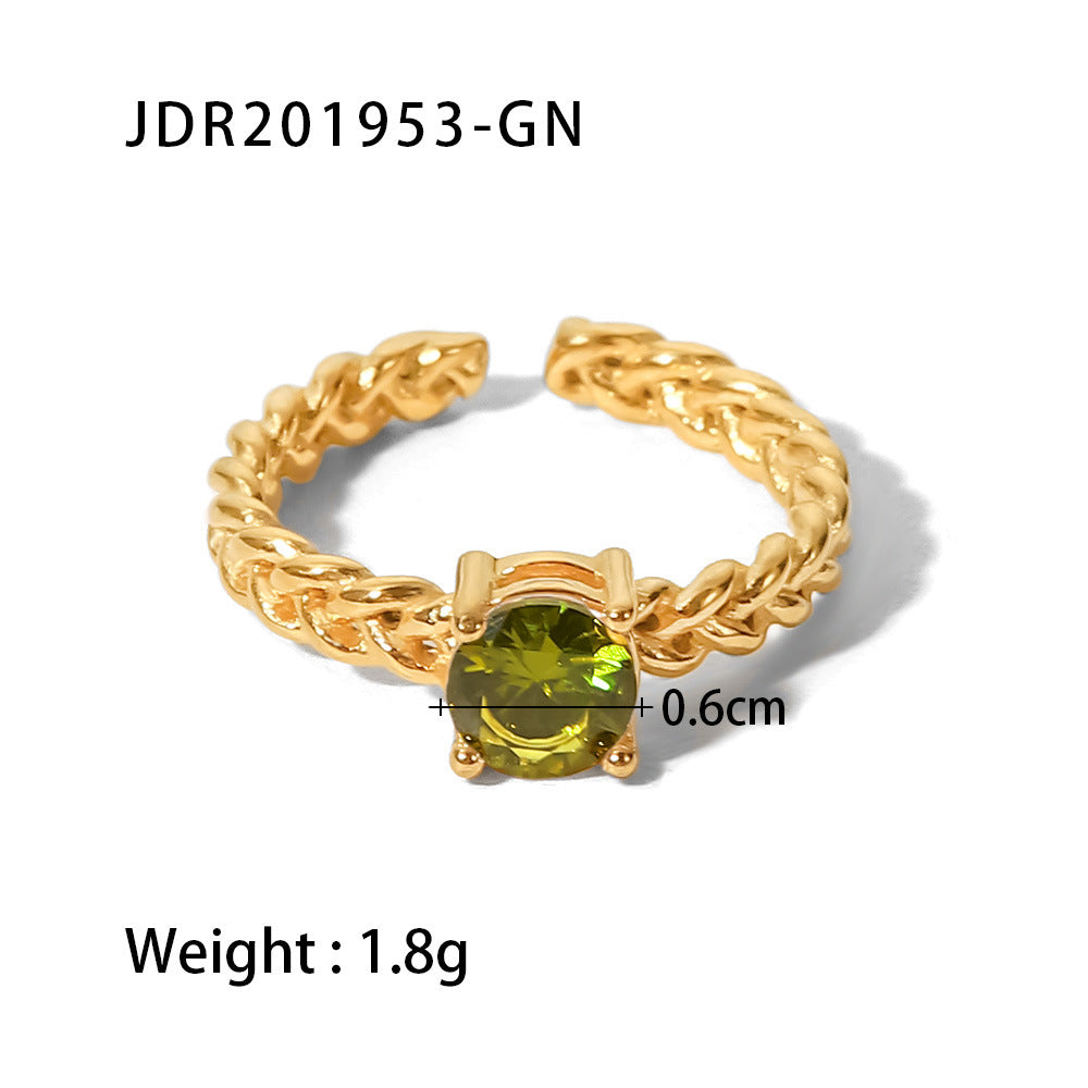 Stainless steel zircon inlaid wheat ear braided adjustable ring