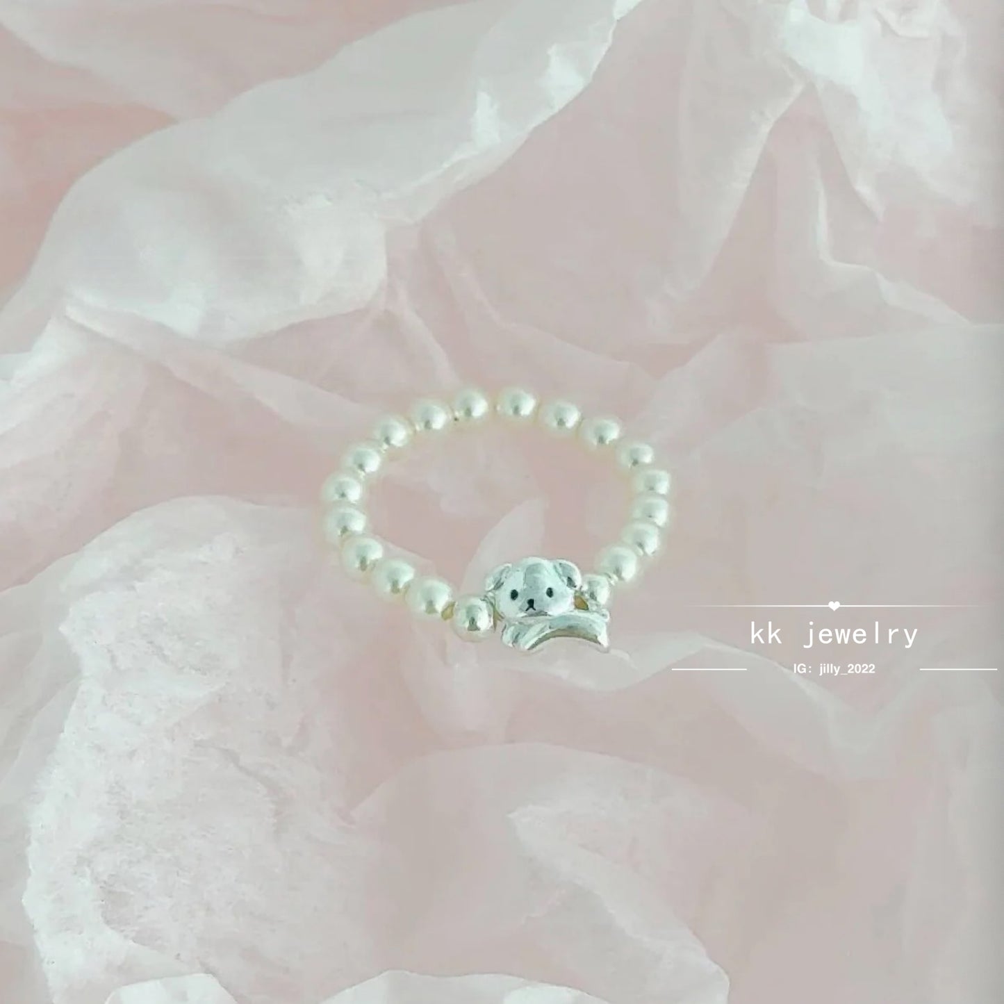 S925 Sterling Silver Happy Puppy Faux Pearl Stretch Ring