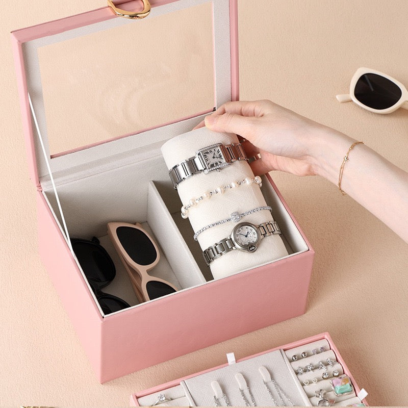 European-style large-capacity jewelry box, PU light luxury minimalist style, mirrored makeup case, includes small jewelry box, jewelry storage box
