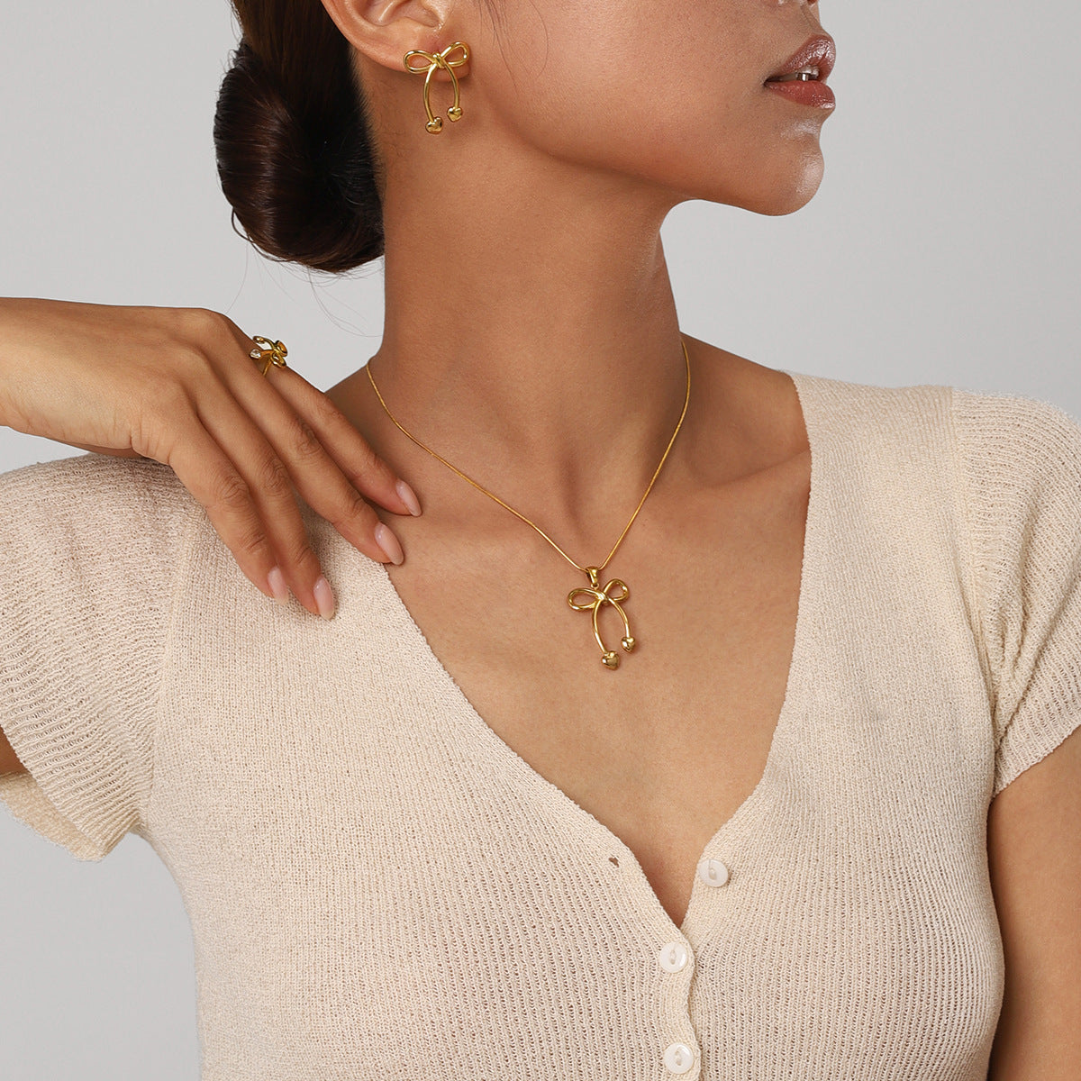 Line bow stainless steel earrings necklace