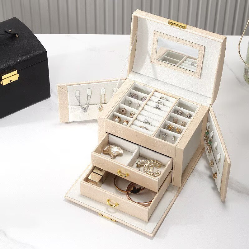 PU leather jewelry storage box, large capacity adjustable drawer jewelry box