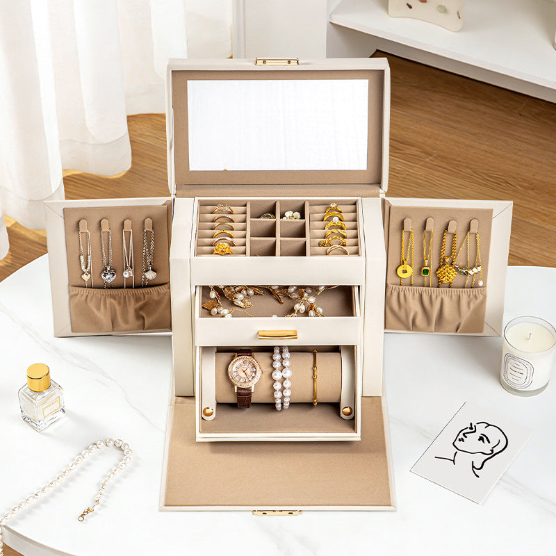 Jewelry box with multiple drawers, large capacity, for home use, including mirrored jewelry, earrings, studs, and necklaces
