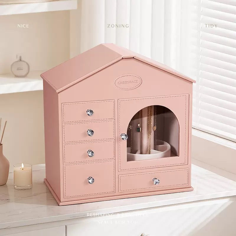 Pink jewelry box, large capacity, high-end style, suitable for home use, for storing necklaces, rings, and earrings