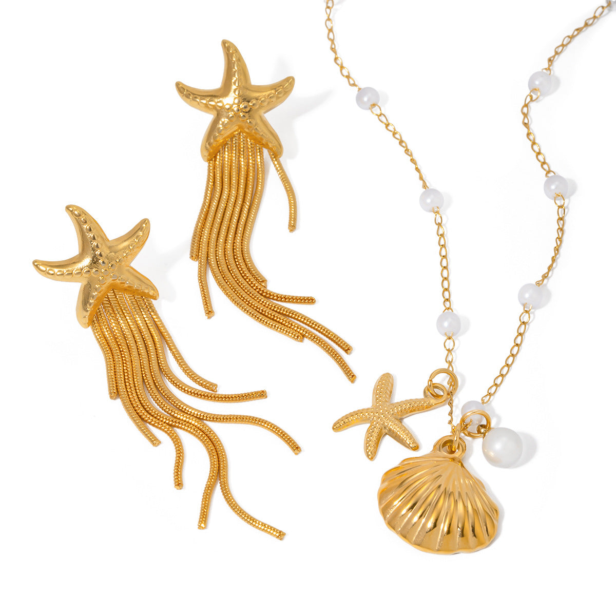 Stainless steel beach wind starfish shell conch necklace