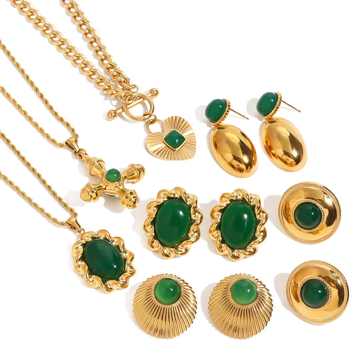 Stainless steel emerald natural stone pendant necklace