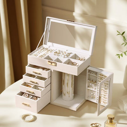 Jewelry storage box with multiple drawers for jewelry, earrings, rings, necklaces, and other jewelry